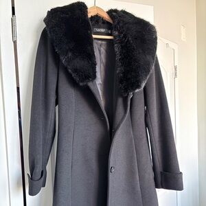 Lauren Ralph Lauren Black Wool Dress Coat with Faux Fur Collar